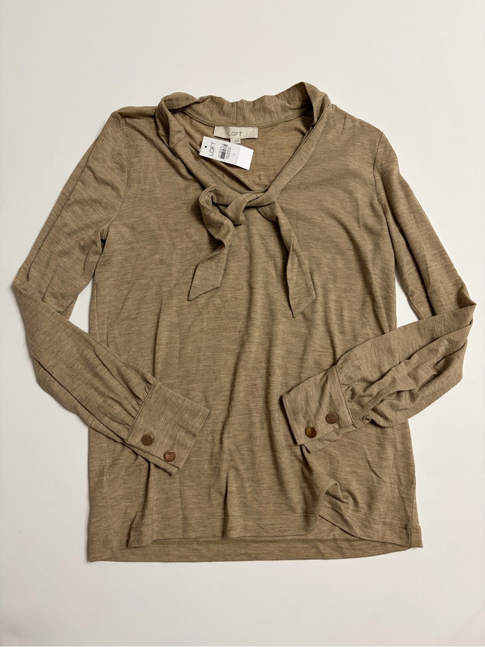 LOFT Long Sleeve Tie-Neck Top in Taupe SZ L NWT business casual office wear